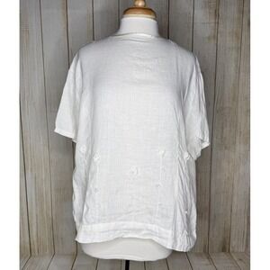 Krista Larson White Linen Floral Blouse Top One Size Appliqué
